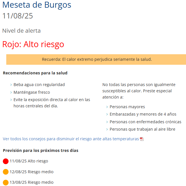 Imagen Meseta de Burgos 11/08/25  Nivel de alerta  Rojo: Alto riesgo