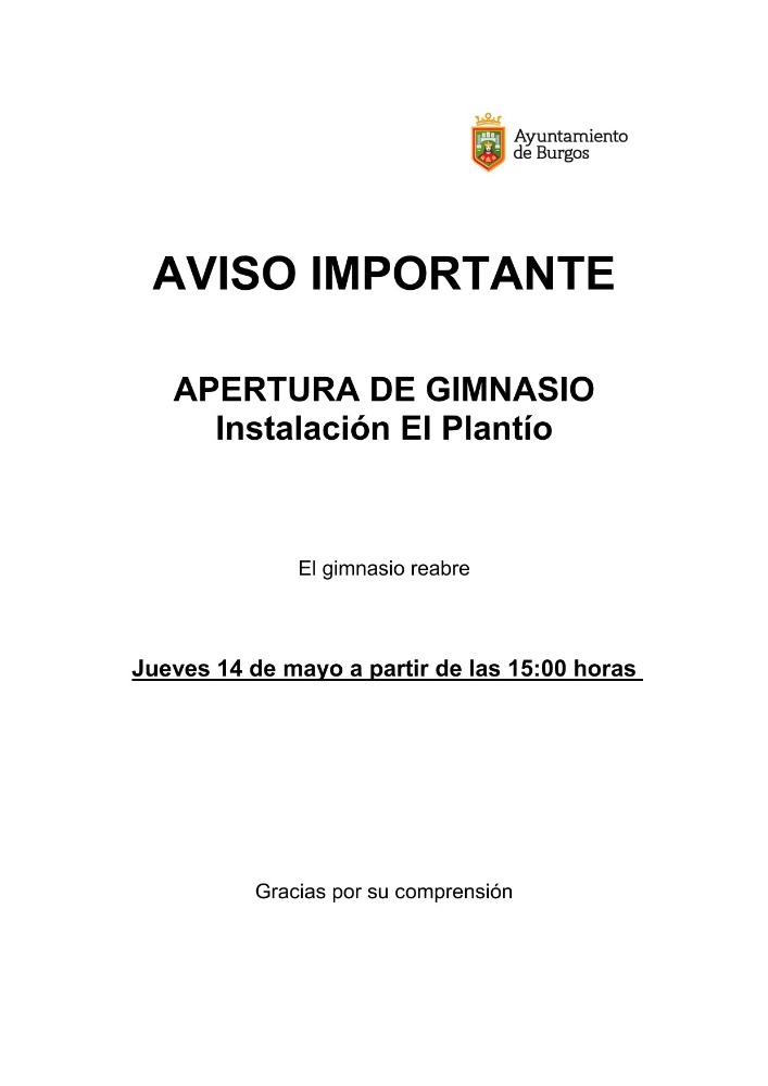 Imagen AVISO REAPERTURA GIMNASIO EL PLANTÍO